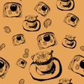 Seamless pattern with the image of a cup of coffee with toast with fried eggs