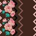 Seamless pattern with the image of delicate flowers and leaves of roses on a geometric background with zigzags. Vector Royalty Free Stock Photo