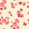 Seamless pattern with the image of delicate red flowers and leaves of roses on a beige background. Vector illustration Royalty Free Stock Photo