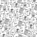 Seamless pattern with the image of different gifts, lollipops, candies, hearts, glasses.