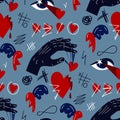 Seamless pattern with the image of the elements of the heartthrob. Hand manipulating, eyes shooting hearts, crossed out