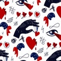 Seamless pattern with the image of the elements of the heartthrob. Hand manipulating, eyes shooting hearts, crossed out