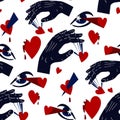 Seamless pattern with the image of the elements of the heartthrob. Manipulating hands, shooting eyes at hearts, bleeding