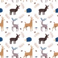 Seamless pattern with the image of elk, hedgehog and deer. Vector illustration. Design can be used for textiles