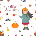 Seamless pattern with the image of a little girl with fruit. Royalty Free Stock Photo