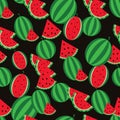 Seamless pattern with the image of many watermelons on a black background.