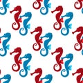 Seamless pattern with the image of red and blue sea horses