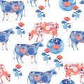 Seamless pattern with the image of silhouettes of cows and flowers. Colored cows. Decorative print.