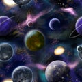 Seamless pattern with the image of space, planets, stars, nebulae. realistic galaxy