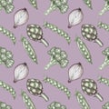 Seamless pattern with the image of vegetables: broccoli, artichoke, peas, onions on a green background. Graphic illustrations are Royalty Free Stock Photo