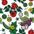 Seamless pattern with the image of vegetables: eggplants, cucumbers, tomatoes for vegetarian