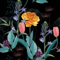 Seamless pattern with image of a yellow Tulip and many kind of flowers and herbs.