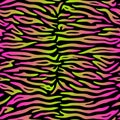 Seamless pattern. Imitation of skin of tiger. Neon green and purple stripes on black background. Colorful animal print Royalty Free Stock Photo