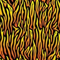 Seamless pattern. Imitation of skin of tiger. Neon orange and yellow stripes on black background. Colorful animal print. Print of