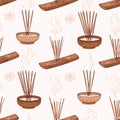 Seamless Pattern of Incense Sticks and Holders with Smoke Swirls Royalty Free Stock Photo
