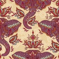 Seamless pattern with indian elephants and beautiful paisley ornament