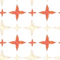 Seamless pattern in indian style. Abstract stars in red colors with gold contours on a white background.