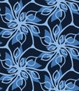 Seamless pattern indigo blue flower motif Japanese style. Hand drawn dyed floral damask textiles. Decorative art nouveaux home Royalty Free Stock Photo