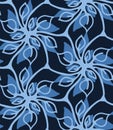 Seamless pattern indigo blue flower motif Japanese style. Hand drawn dyed floral damask textiles. Decorative art Royalty Free Stock Photo