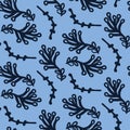 Seamless pattern indigo blue. Hand drawn abstract organic twig leaf shape background. Monochrome textured plant branch all over Royalty Free Stock Photo