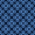 Seamless pattern indigo blue stylized mosaic floral leaf. Japanese navy quilt style home decor background. Trendy mosaic grid all