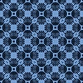 Seamless pattern indigo blue stylized mosaic floral leaf. Japanese navy quilt style home decor background. Trendy mosaic grid all