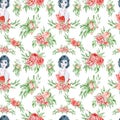 Seamless pattern with indigo watercolor girls and flowers. Peonies blossom.