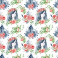 Seamless pattern with indigo watercolor girls and flowers. Peonies blossom.