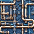 Seamless pattern with industrial pipes and valves. Repetitive background with plumbing tubes. Generative AI Royalty Free Stock Photo