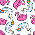 Seamless pattern with inflatable pink flamingo. Swim ring. Summer print, sticker, badge, fashion patch on fabric. Vector