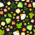 Seamless pattern of ingredients of olivier salad