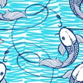 Seamless pattern with ink hand drawn fishes on the hooks