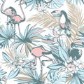 Hand drawn Tropical Seamless pattern ink palm leaves toucan flamingo. Royalty Free Stock Photo