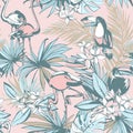 Hand drawn Tropical Seamless pattern ink palm leaves toucan flamingo. Royalty Free Stock Photo