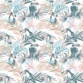 Seamless pattern ink Hand drawn sketch Tropical palm leaves toucan. Royalty Free Stock Photo