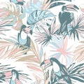 Seamless pattern ink Hand drawn sketch Tropical palm leaves toucan. Royalty Free Stock Photo