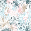 Seamless pattern ink Hand drawn Tropical palm leaves birds animals Royalty Free Stock Photo