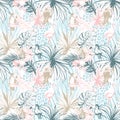 Seamless pattern ink Hand drawn Tropical palm leaves birds animals Royalty Free Stock Photo