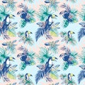 Seamless pattern ink Hand drawn Tropical palm leaves, flowers, birds. Royalty Free Stock Photo