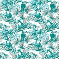 Seamless pattern ink Hand drawn Tropical palm leaves, flowers, birds. Royalty Free Stock Photo