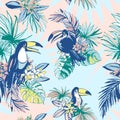 Seamless pattern ink Hand drawn Tropical palm leaves, flowers, birds. Royalty Free Stock Photo