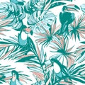 Seamless pattern ink Hand drawn Tropical palm leaves, flowers, birds. Royalty Free Stock Photo