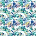 Seamless pattern ink Hand drawn Tropical palm leaves, flowers, birds. Royalty Free Stock Photo