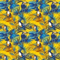 Seamless pattern ink Hand drawn Tropical palm leaves, toucan birds Royalty Free Stock Photo