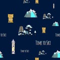 Seamless pattern with inscription Time to ski. Flat design