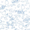 Seamless pattern, insect ants workers prepare food. Blue pen drawing. Royalty Free Stock Photo