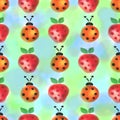 Seamless pattern with insects and fruits. Watercolor background with hand drawn lady bugs and strawberries. Royalty Free Stock Photo