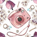 Seamless pattern instant photo camera, flowers, sunglasses, hairpin isolated on white. Watercolor handrawn illustration Royalty Free Stock Photo