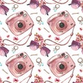 Seamless pattern instant photo camera, flowers, sunglasses, hairpin isolated on white. Watercolor handrawn illustration Royalty Free Stock Photo