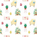 Seamless pattern with interior and furniture, chair, houseplant, painting, vase.